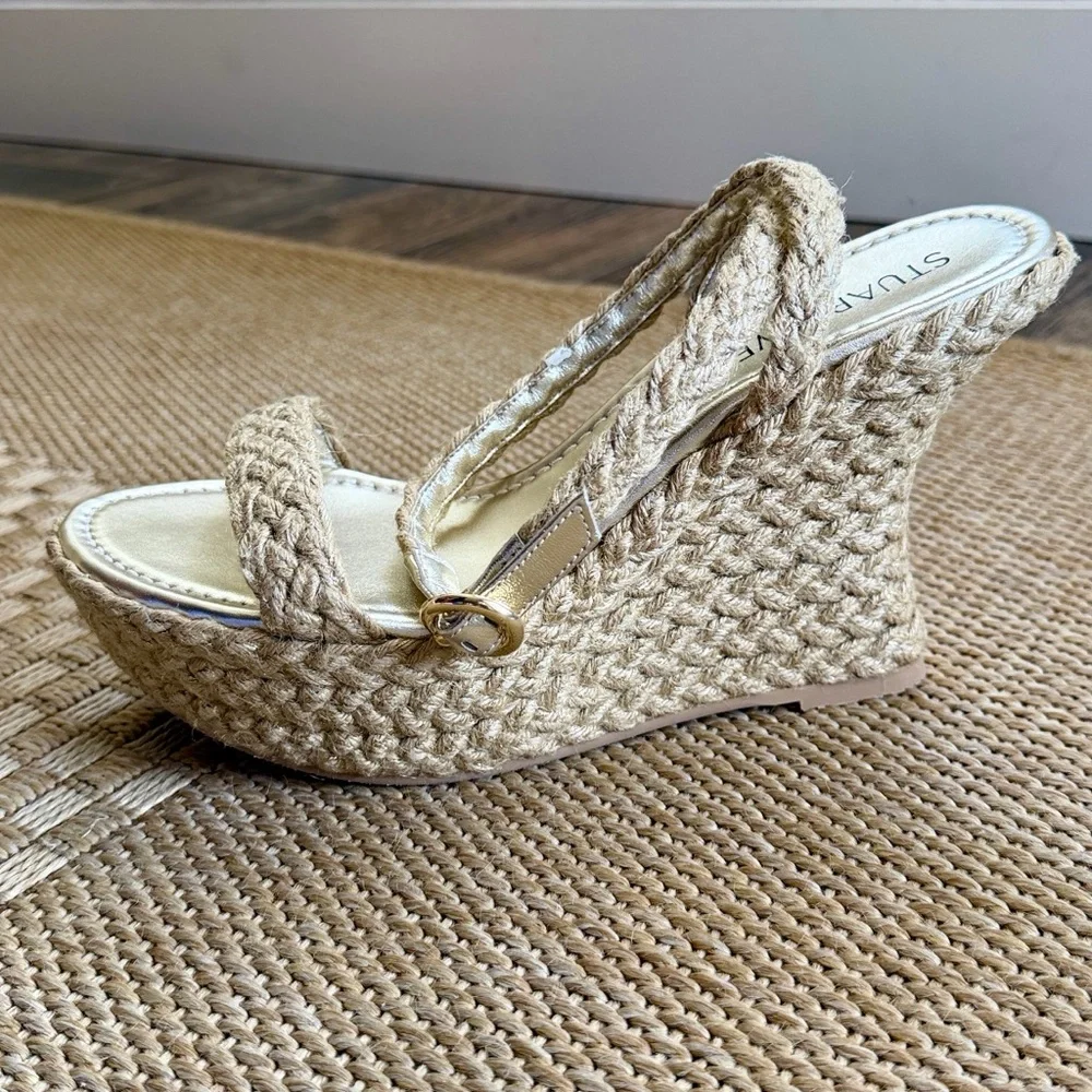 Stuart Weitzman Women’s Brada Strap Gold/Natural Espadrille Wedge Sandals—9.5